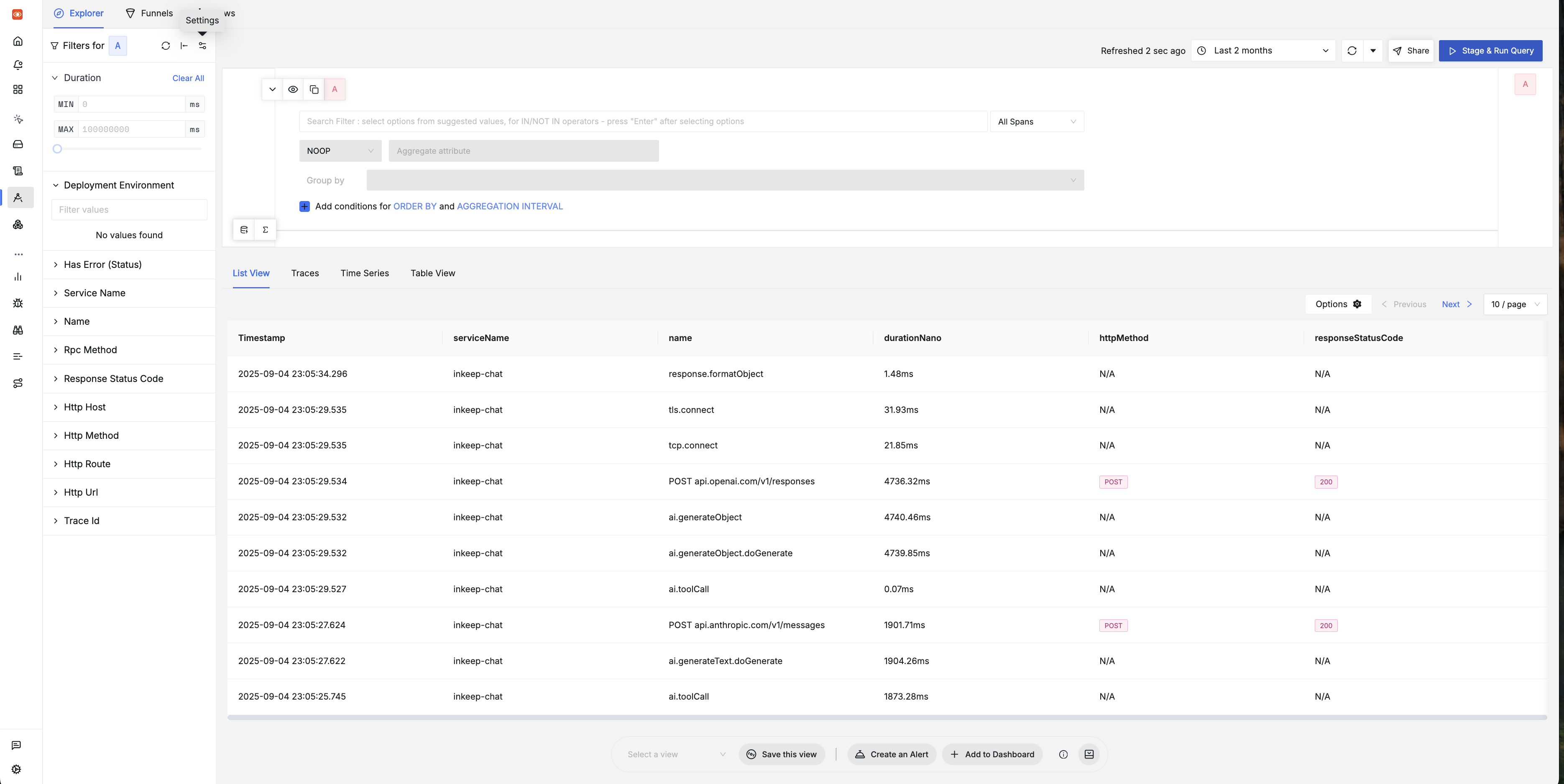 SigNoz Traces Explorer showing inkeep-agents-run-api service traces with timestamp, service name, operation name, duration, HTTP method, and response status code columns